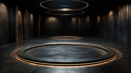 Obraz premium Stage on the dark floor with lights on the perimeter, generative ai