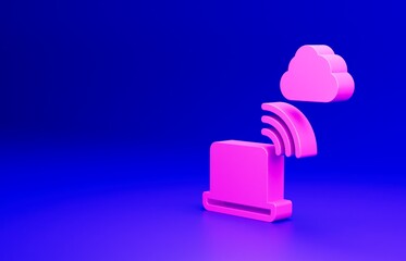 Pink Network cloud connection icon isolated on blue background. Social technology. Cloud computing concept. Minimalism concept. 3D render illustration