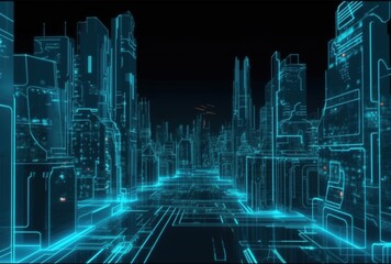 Fototapeta na wymiar Futuristic city. Buildings, lights and street. Generative AI. Future concept. 
