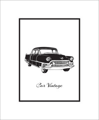 vintage car illustration, wall frames, black and white