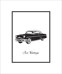 vintage car illustration, wall frames, black and white