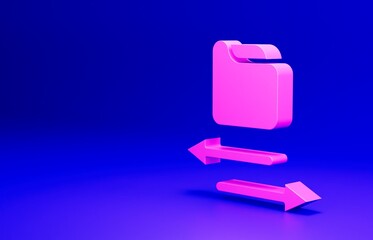 Pink Transfer files icon isolated on blue background. Copy files, data exchange, backup, PC migration, file sharing concepts. Minimalism concept. 3D render illustration