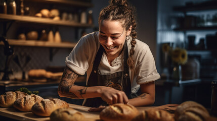 Attractive female baker, girl making a bread in bakery, generative ai