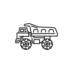 Children toy plastic dump truck black line icon.
