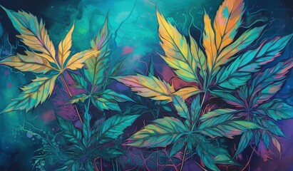 Fototapeta na wymiar Dreamlike Illustration of Colorful Marijuana Leaves - Botanical Art - Wall Art for Cannabis Enthusiasts - Generative AI