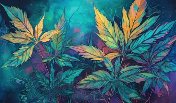 Dreamlike Illustration of Colorful Marijuana Leaves - Botanical Art - Wall Art for Cannabis Enthusiasts - Generative AI