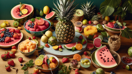 Summer themed tropical fruits with pineapples, generative ai