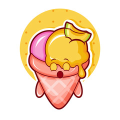 Cartoon illustration of melon ice cream with sleepy face