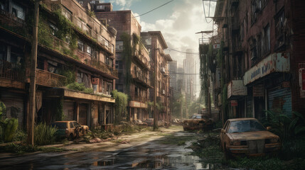 Fototapeta premium A desolate cityscape with ruins, vegetation and rusty old cars, generative ai