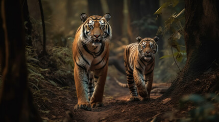 Tiger morhet and cub walk in forest together, tiger family, generative ai