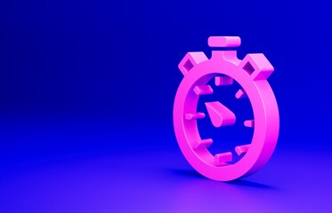 Pink Stopwatch icon isolated on blue background. Time timer sign. Chronometer sign. Minimalism concept. 3D render illustration