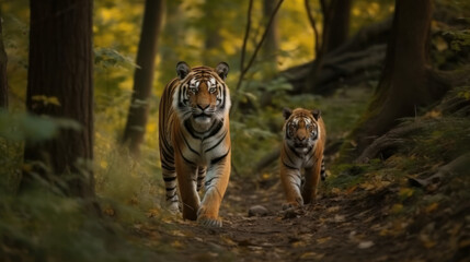 Tiger morhet and cub walk in forest together, tiger family, generative ai