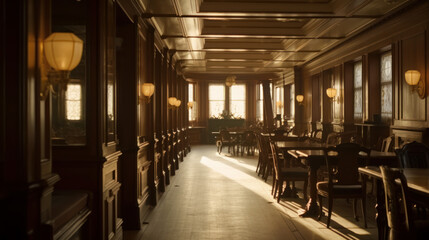 Early morning with gold sunsihne inside titanic interior, generative ai