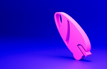 Pink Surfboard icon isolated on blue background. Surfing board. Extreme sport. Sport equipment. Minimalism concept. 3D render illustration