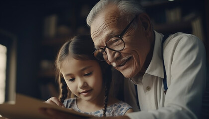 Fototapeta na wymiar Grandpa spending time with his granddaughter. Family concept. Generative AI illustrations