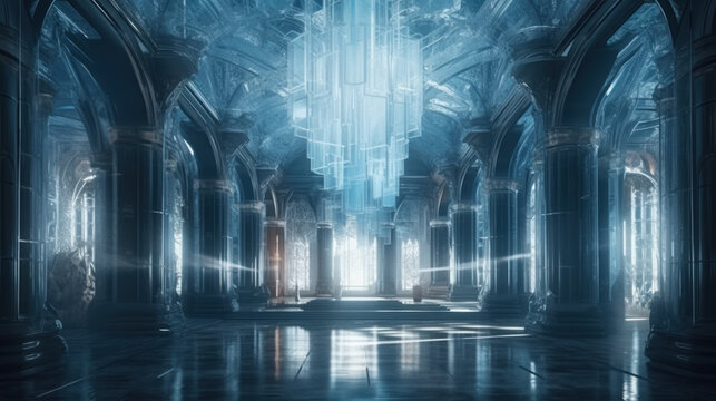 Architecture bade from ice, city inside an glacier, shiny ice buildings, generative ai
