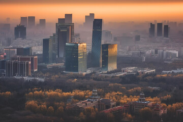 Obraz premium Beijing skyscrapers on sunset. Chinas Beijing City, aerial view. Central Business District of Beijing. Modern financial district skyline on sunset. Skyscrapers in dusk. Ai generative illustration.