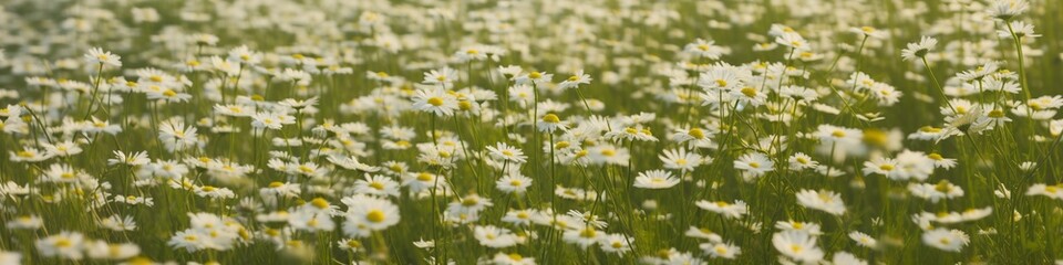 Fototapeta na wymiar A breathtaking top view of a field filled with daisies, presenting a stunning natural texture and background. The numerous chamomile flowers are scattered throughout the meadow. gen ai