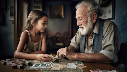 Grandpa spending time with his granddaughter. Family concept. Generative AI illustrations