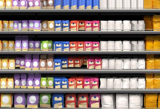 Flour on shelf at supermarket mockup and illustration, suitable for presenting packagings and new design among many others