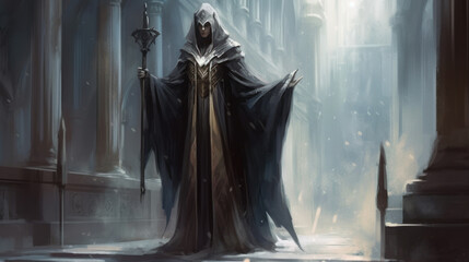 Old priest in long coat with cape in church, fantasy visualisation of priest, generative ai