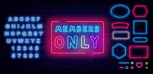 Members only neon badge. Premium access. Shiny sign. Light quote. Glowing banner. Vector stock illustration