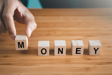 Businessman hold wooden block with  money text. money and finance concept