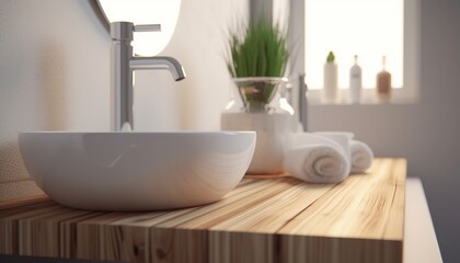 Fototapeta na wymiar Wooden tabletop with blurred bathroom background. Modern bathroom interior selective focus