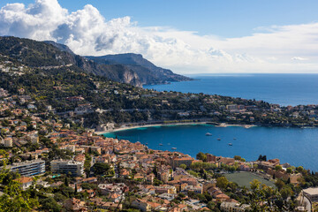 Fototapeta na wymiar Panorama sur la Rade de Villefranche-sur-Mer depuis le Fort du Mont Alban à Nice