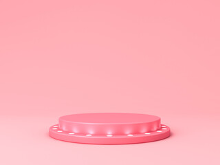 Blank pink podium pedestal with spotlight neon light bulbs or blank product display stage platform isolated on pink pastel color background with shadow minimal conceptual 3D rendering
