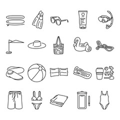 Beach accessories black line icons set. Pictograms for web page © Backwoodsdesign
