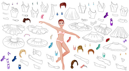 Ballerina Coloring Paper Doll with Tutus, Tops, Hairstyles and Pointes. Vector Illustration