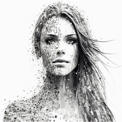 Illustration from young woman black and white portrait with artificial data on white background  created with Generative AI technology