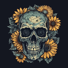 skull head with sunflower vector illustration