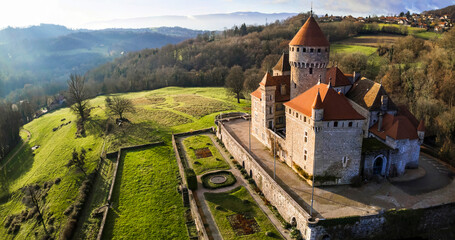 Aerial drone panoramic view of beauiful medieval castle Chateau de Montrottier, Rhone-Alpes,...
