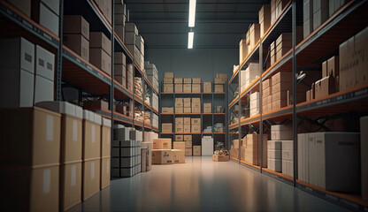 Warehouse storage in industrial for checking product and stock, management factory, production lines, industry logistics, packaging control, storage building with Generative AI.