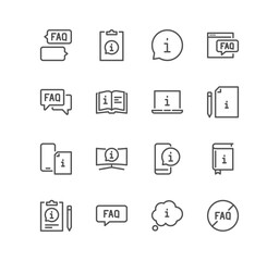 Set of info and help desk realted icons, privacy policy, manual, rule, instruction, inform, guide, reading, info center and linear variety vectors.