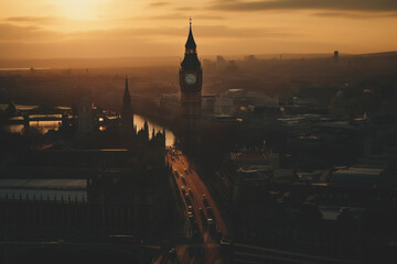 Fototapeta premium Big Ben Clock Tower in London on sunset. Westminster Bridge in London city aerial view. City streets in England, UK, United Kingdom. Big Ben in London, drone view. Ai generative illustration.