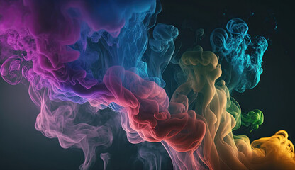 Fototapeta premium Abstract colorful of smoke background, neon light through smoke or fog, lighting in the dark scene, multi colored of cloud, mist, or smog, night backdrop for mock up, with Generative Ai.