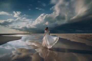 Fototapeta na wymiar woman in white dress on the beach. sketch art for artist creativity and inspiration. generative AI