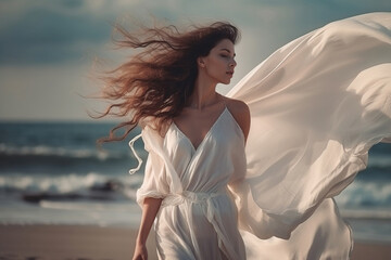Fototapeta na wymiar woman in white dress on the beach. sketch art for artist creativity and inspiration. generative AI