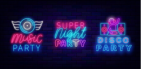 Super night party neon signs set. Dusk performance flyer. Luminous club advertisings. Vector stock illustration