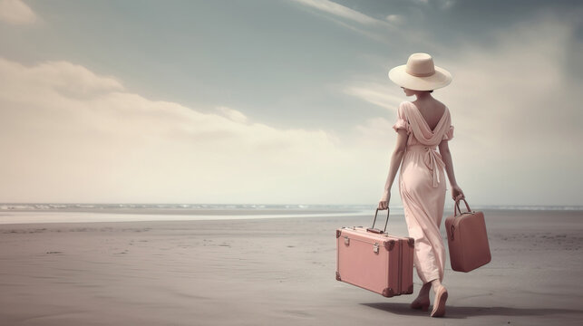 woman with suitcase on the beach. generative AI	
