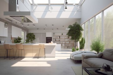 Fototapeta na wymiar A stunning interior design perspective of a combined living room and kitchen space, featuring a kitchen island and large windows that flood the area with natural light. generative ai