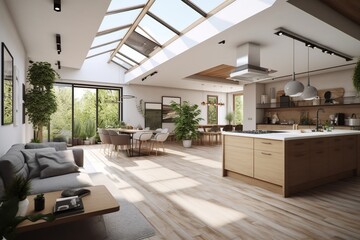 Obraz na płótnie Canvas A stunning interior design perspective of a combined living room and kitchen space, featuring a kitchen island and large windows that flood the area with natural light. generative ai