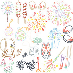 夏をイメージした花火や祭り関連の小物などのカラー線画セット