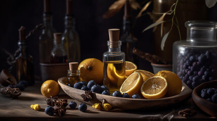 Obraz na płótnie Canvas Aromatherapy essential oil, in the style of dark yellow and light indigo. Generative AI image