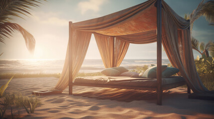Beach bed with canopy on the shore. Generated by a neural network