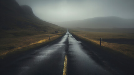 Wet road in foggy mountains. Black road in the mountains, perspective. Generated by a neural network
