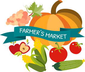 Farmer's market poster. Award ribbon with the inscription on the background of vegetables. Farmers market poster collection. Vector banner templates with inscription for local food fair.